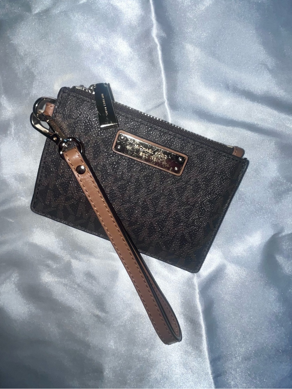 Michael Kors Dark Brown Monogram Wristlet with Tan Strap